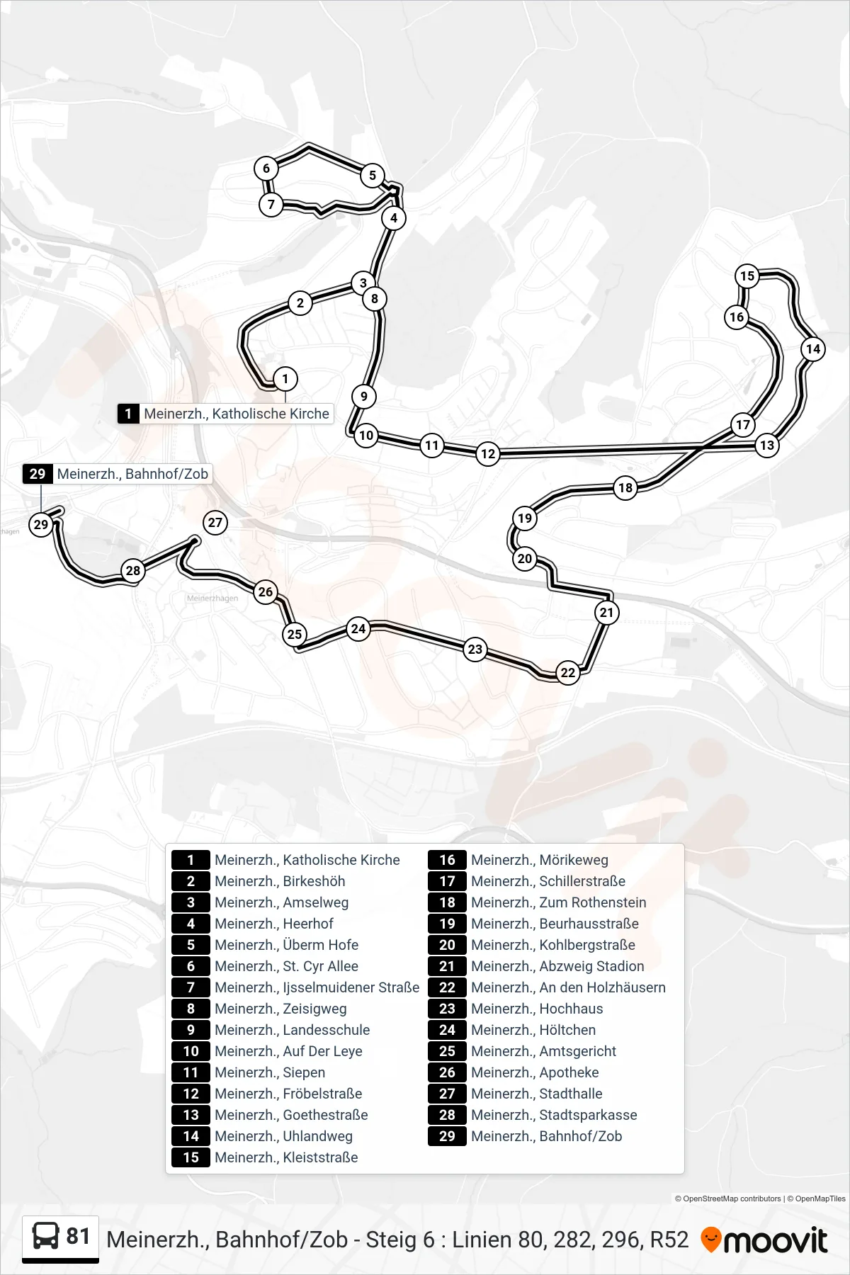 Linie 81 (Bus) Richtung Meinerzh., Bahnhof/Zob - Steig 6 : Linien 80, 282, 296, R52: Route und Haltestellen auf der Karte