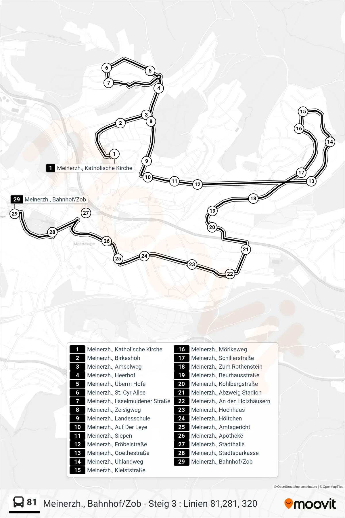 81 bus Line (Meinerzh., Bahnhof/Zob - Steig 3 : Linien 81,281, 320) route and stops on a map
