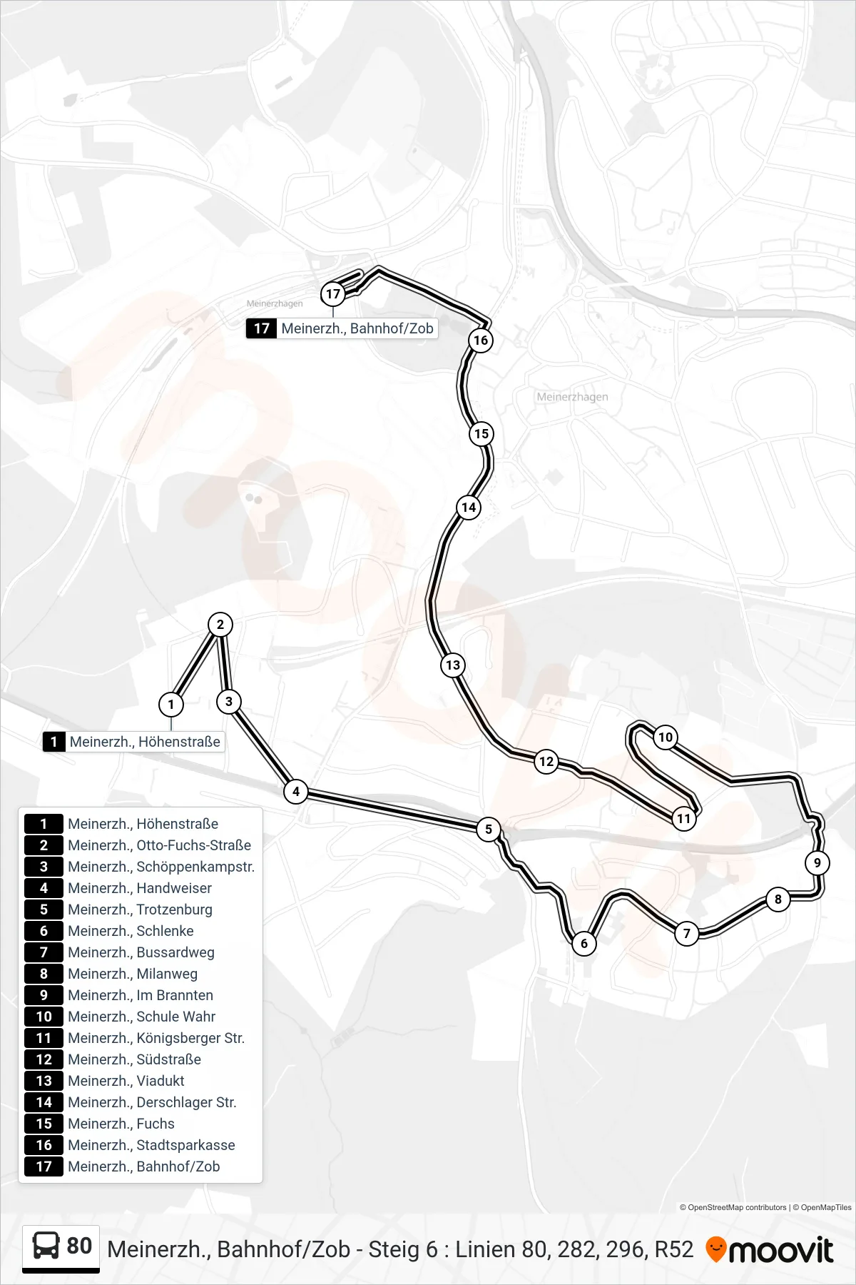 Linie 80 (Bus) Richtung Meinerzh., Bahnhof/Zob - Steig 6 : Linien 80, 282, 296, R52: Route und Haltestellen auf der Karte