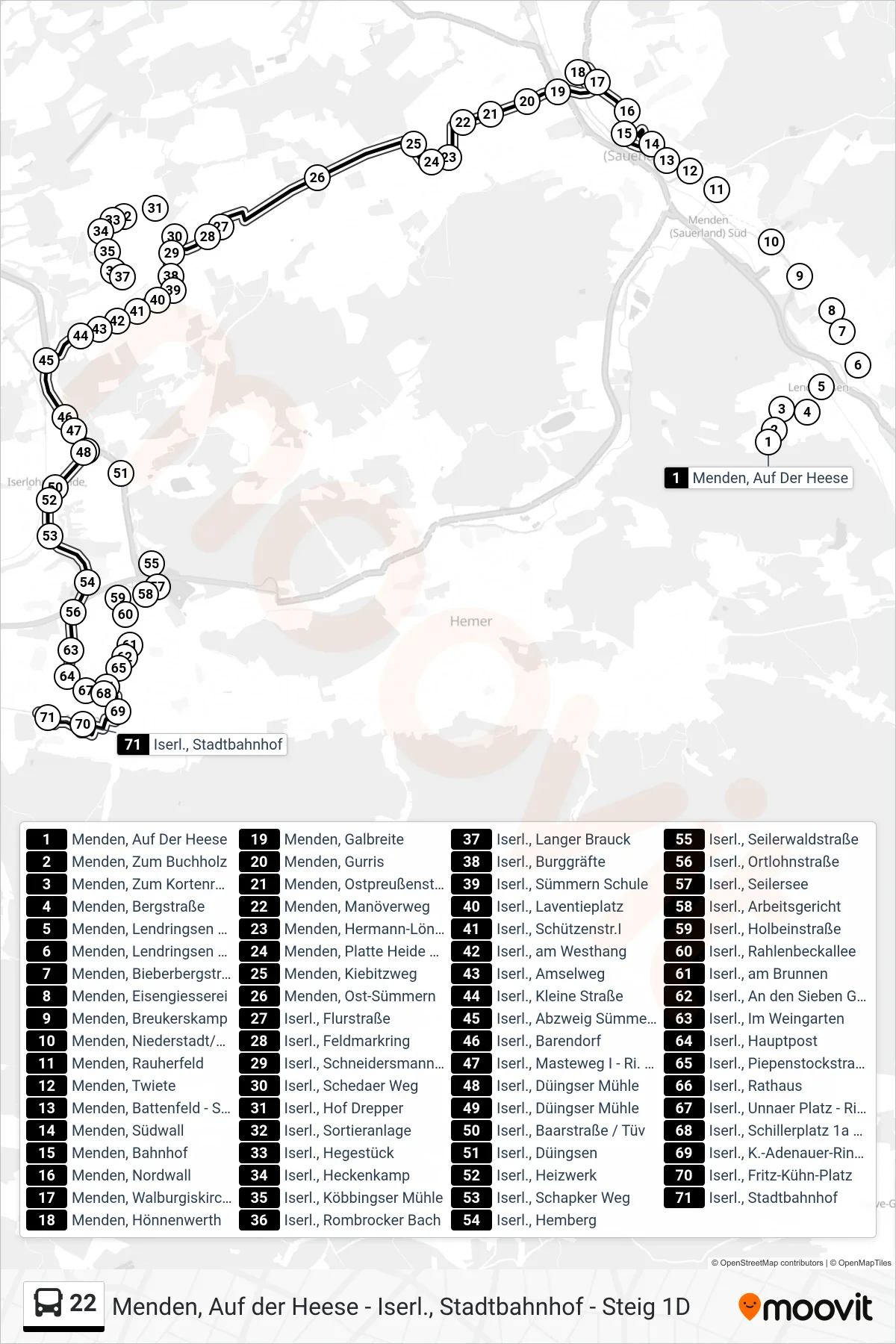 22 bus Line (Iserl., Stadtbahnhof - Steig 1d) route and stops on a map