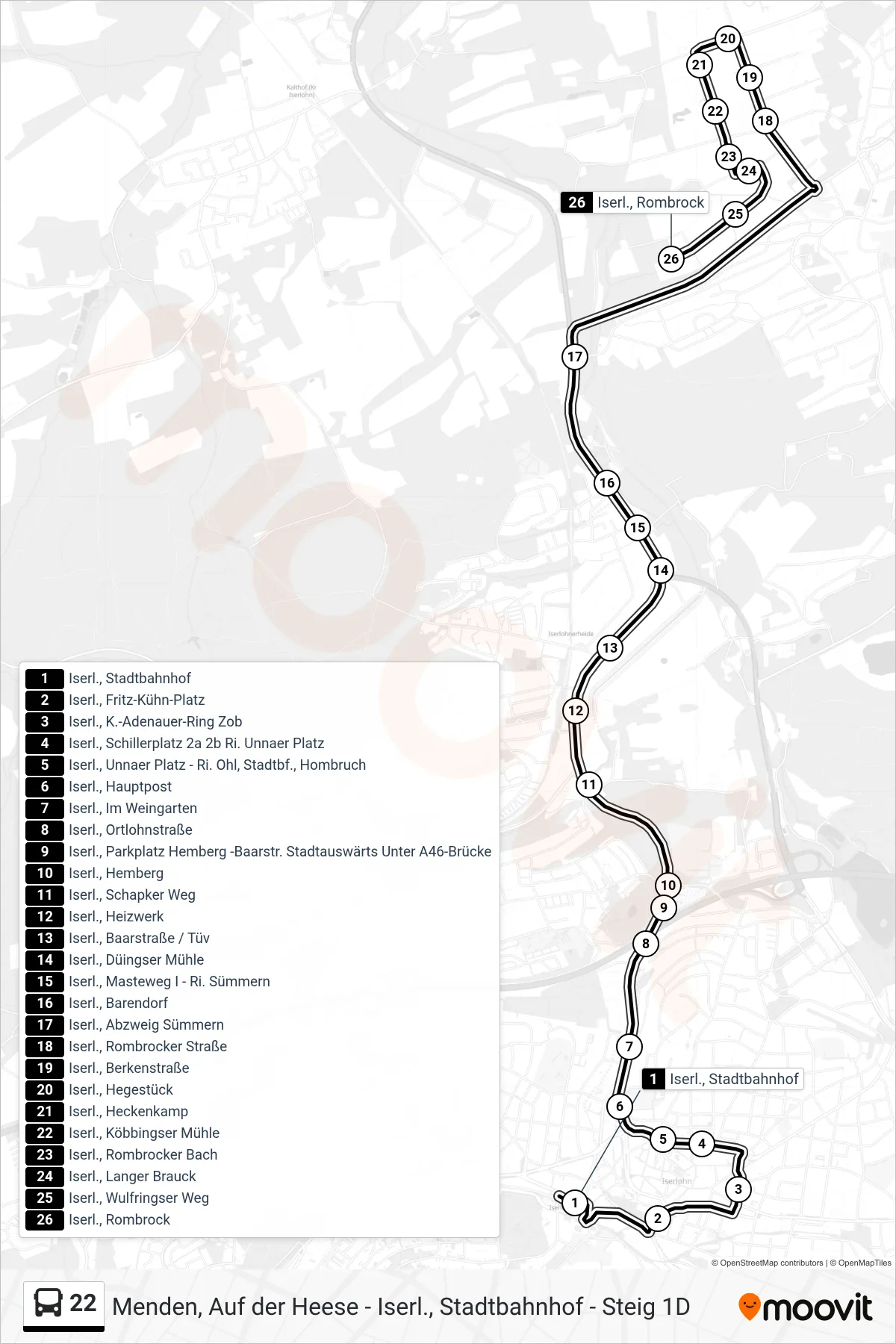 22 bus Line (Iserl., Rombrock) route and stops on a map