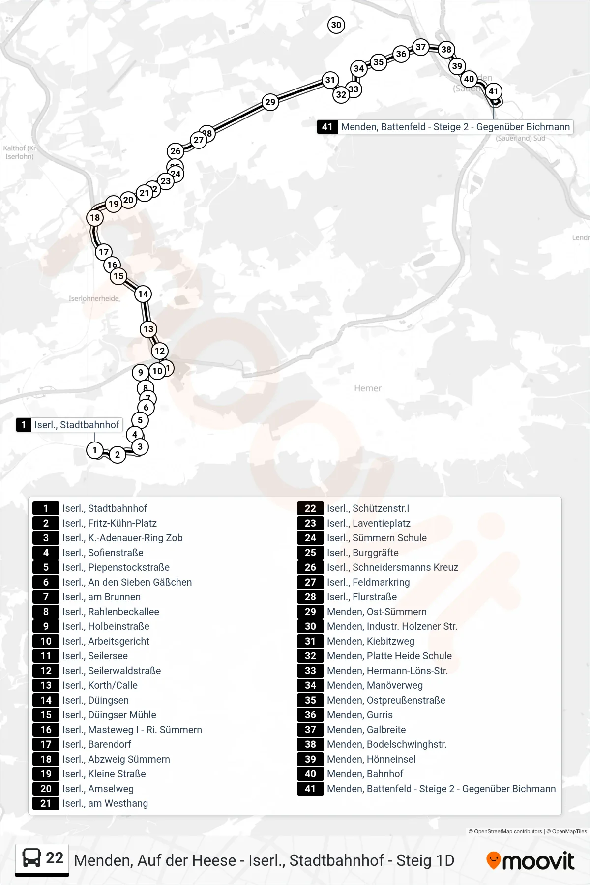 Linie 22 (Bus) Richtung Menden, Battenfeld - Steige 2 - Gegenüber Bichmann: Route und Haltestellen auf der Karte