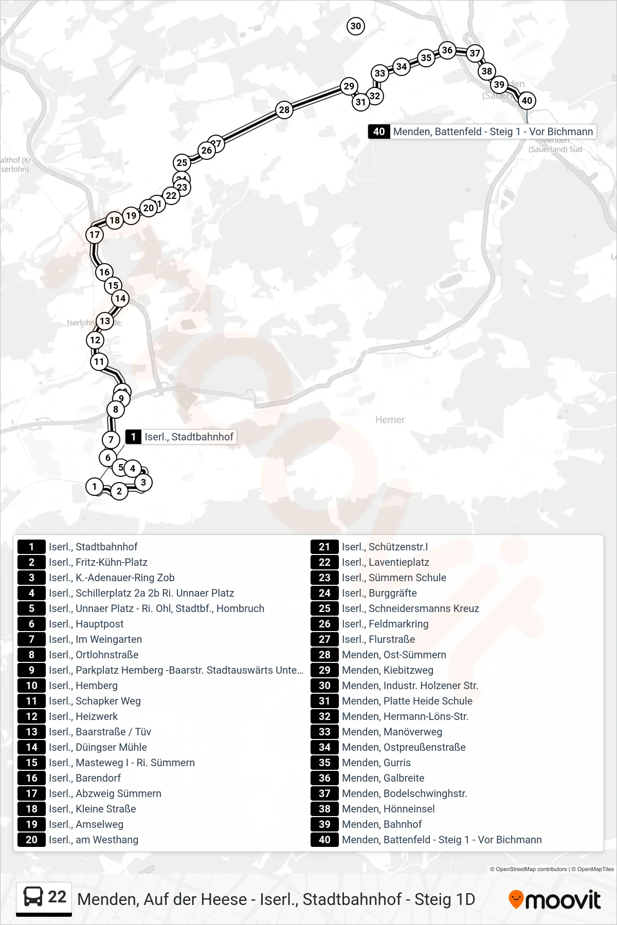 22 bus Line (Menden, Battenfeld - Steig 1 - Vor Bichmann) route and stops on a map