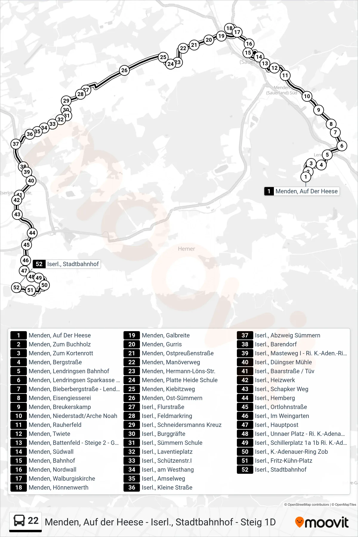 Linie 22 (Bus) Richtung Iserl., Stadtbahnhof - Steig 2a: Route und Haltestellen auf der Karte