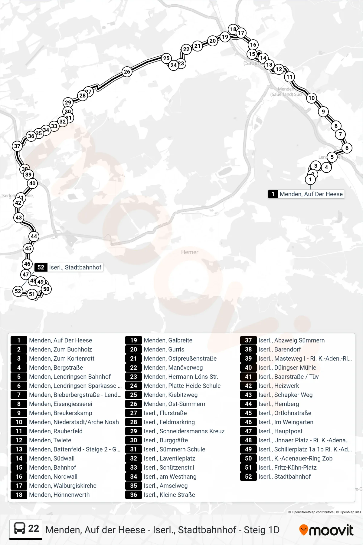 Linie 22 (Bus) Richtung Iserl., Stadtbahnhof - Steig 3: Route und Haltestellen auf der Karte