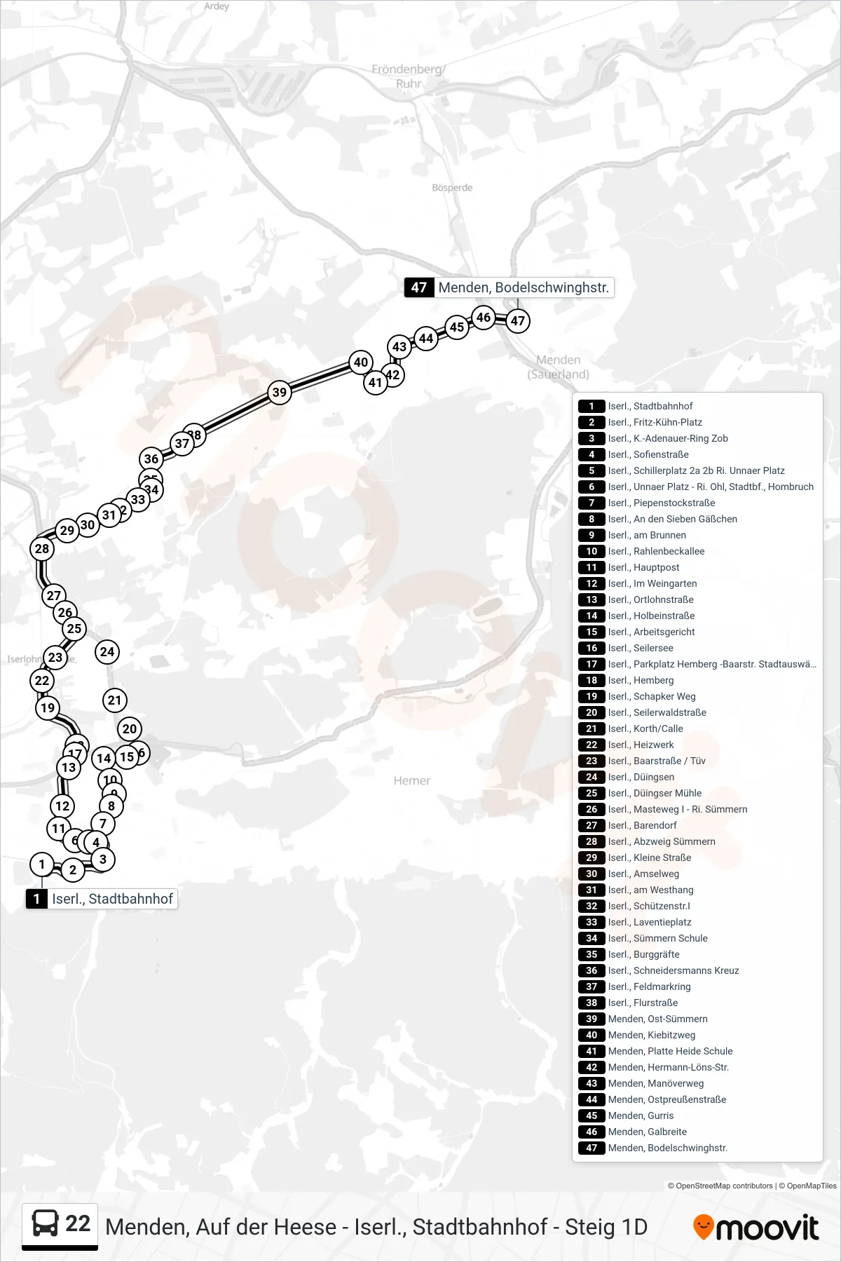22 bus Line (Menden, Bodelschwinghstr.) route and stops on a map