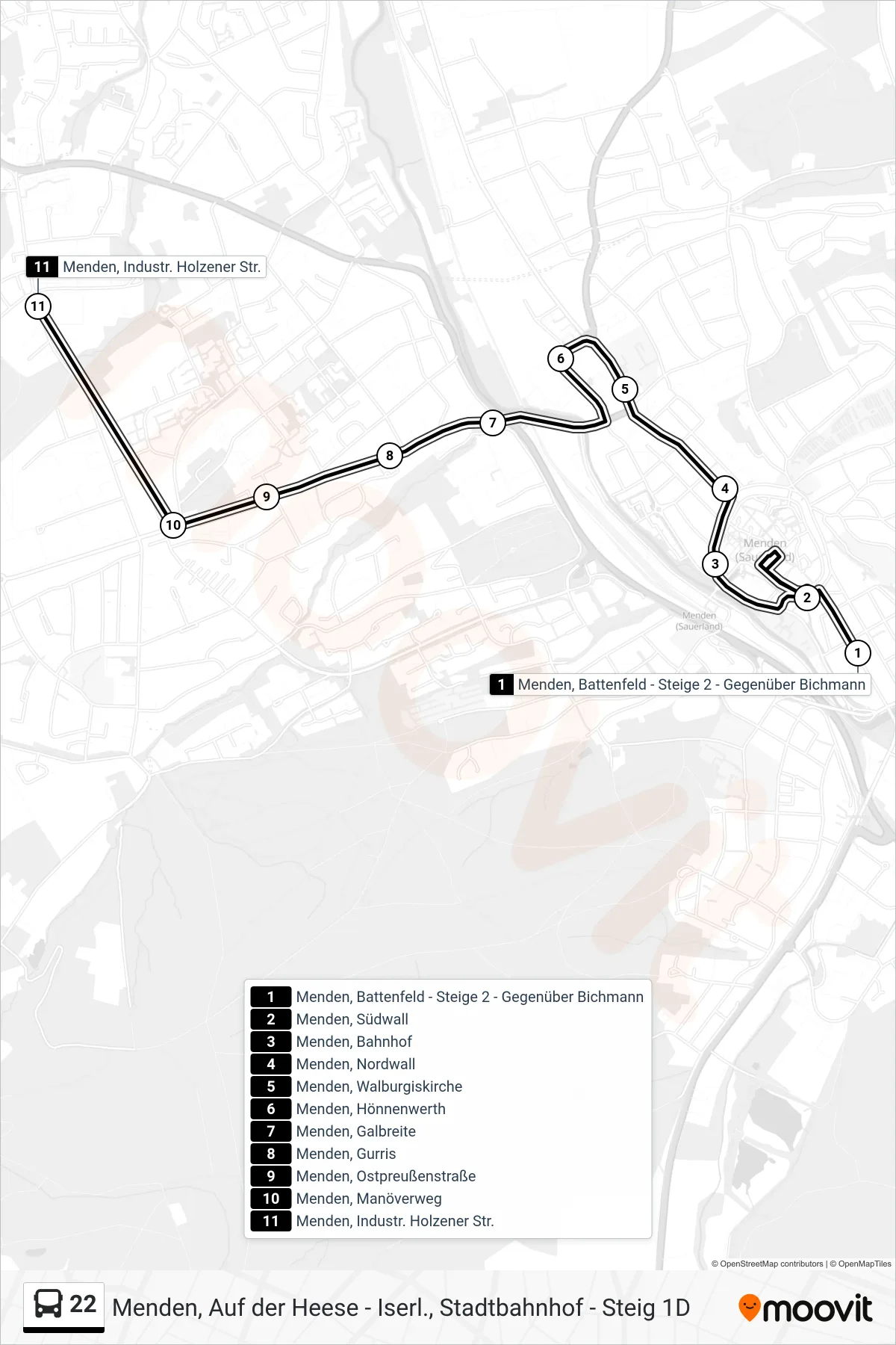 22 bus Line (Menden, Industr. Holzener Str.) route and stops on a map