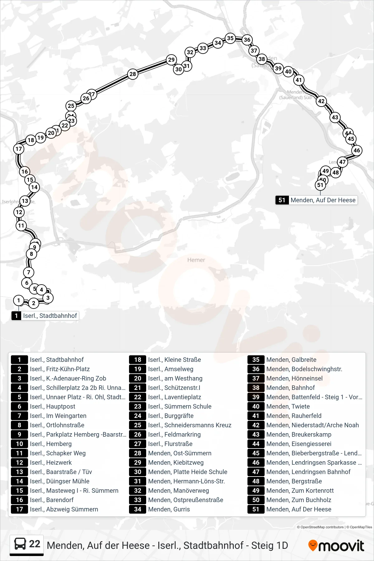 Linie 22 (Bus) Richtung Menden, Auf Der Heese: Route und Haltestellen auf der Karte