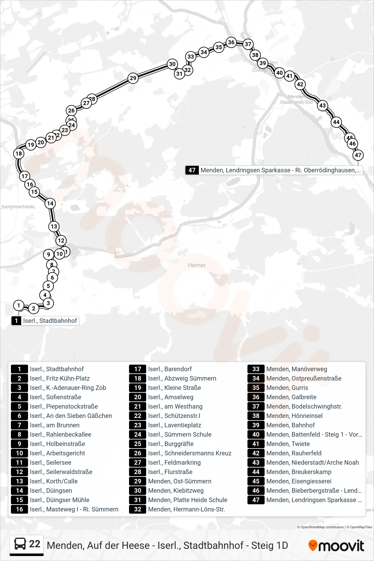 Linie 22 (Bus) Richtung Menden, Lendringsen Sparkasse - Ri. Oberrödinghausen, Hüingsen: Route und Haltestellen auf der Karte