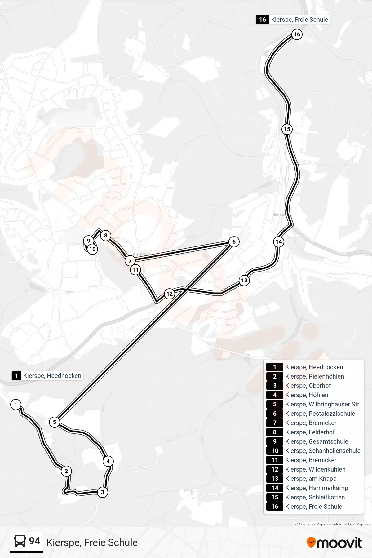 94 bus Line (Kierspe, Freie Schule) route and stops on a map