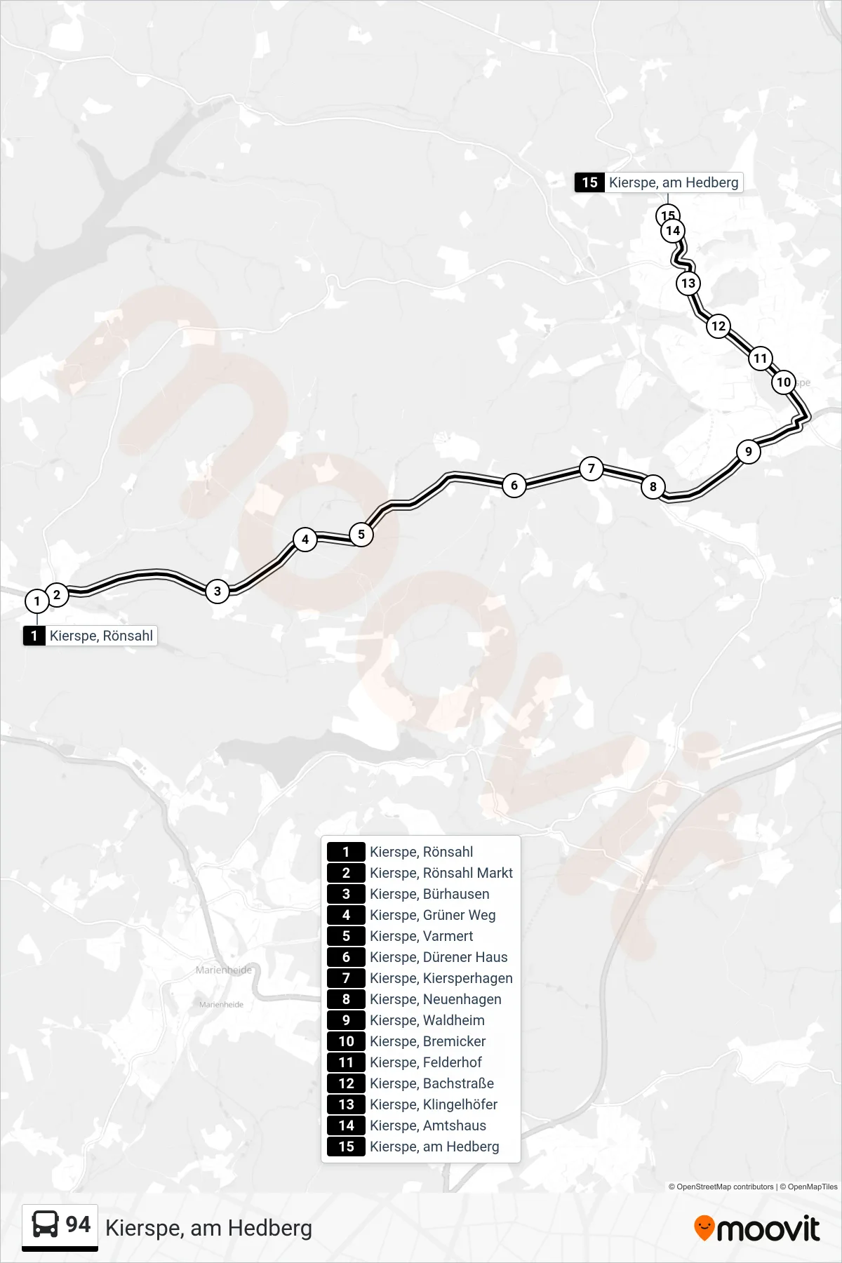 Linie 94 (Bus) Richtung Kierspe, am Hedberg: Route und Haltestellen auf der Karte