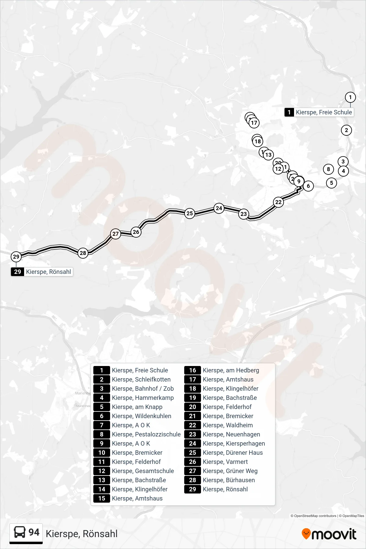 94 bus Line (Kierspe, Rönsahl) route and stops on a map