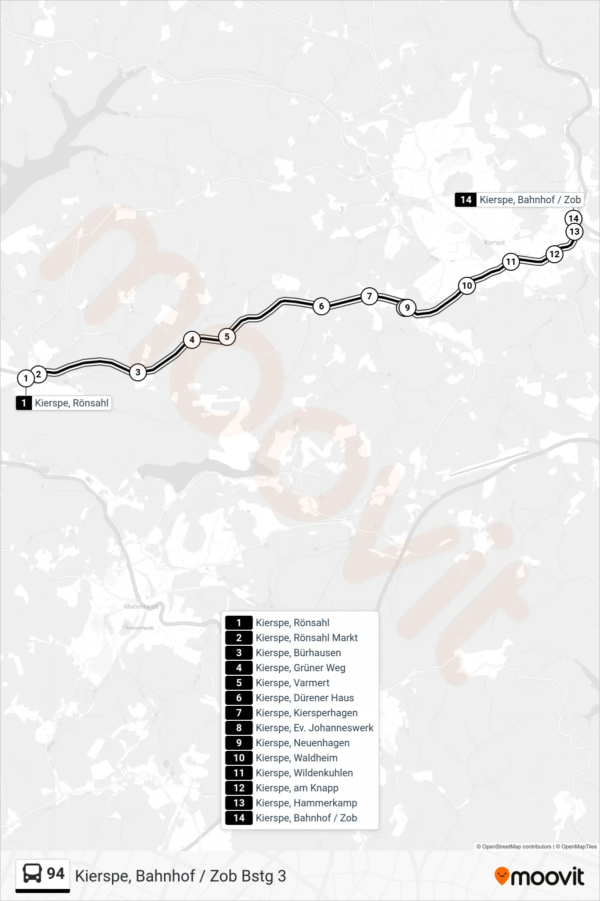 94 bus Line (Kierspe, Bahnhof / Zob Bstg 3) route and stops on a map