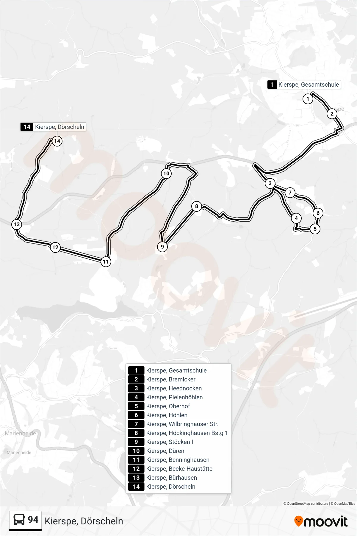 94 bus Line (Kierspe, Dörscheln) route and stops on a map