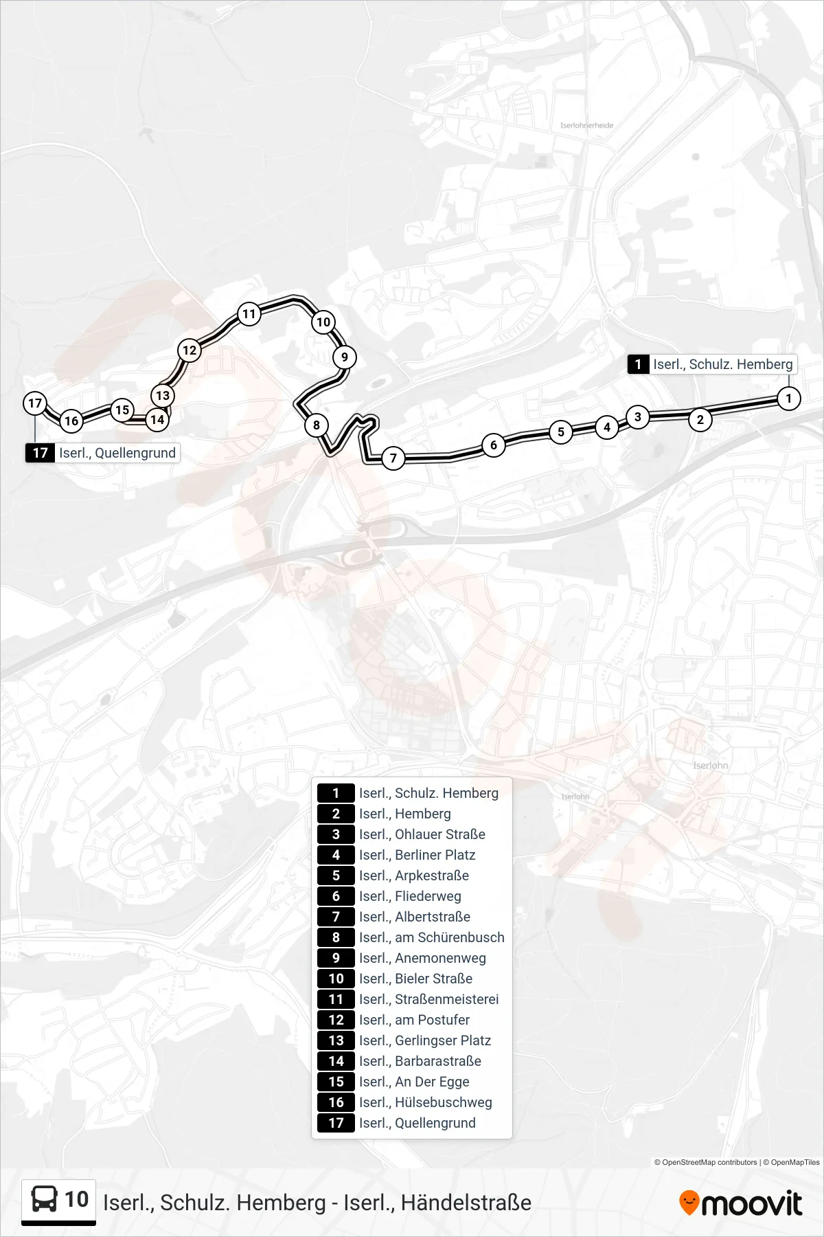 10 bus Line (Iserl., Quellengrund) route and stops on a map