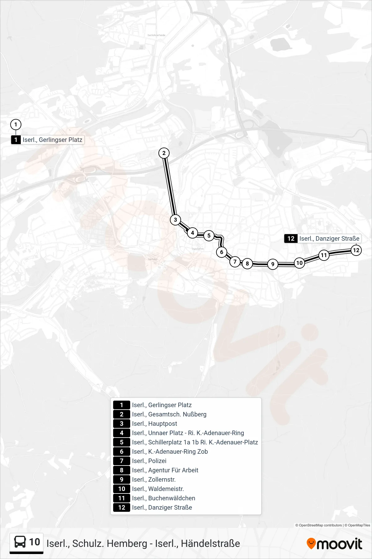 Linie 10 (Bus) Richtung Iserl., Danziger Straße: Route und Haltestellen auf der Karte