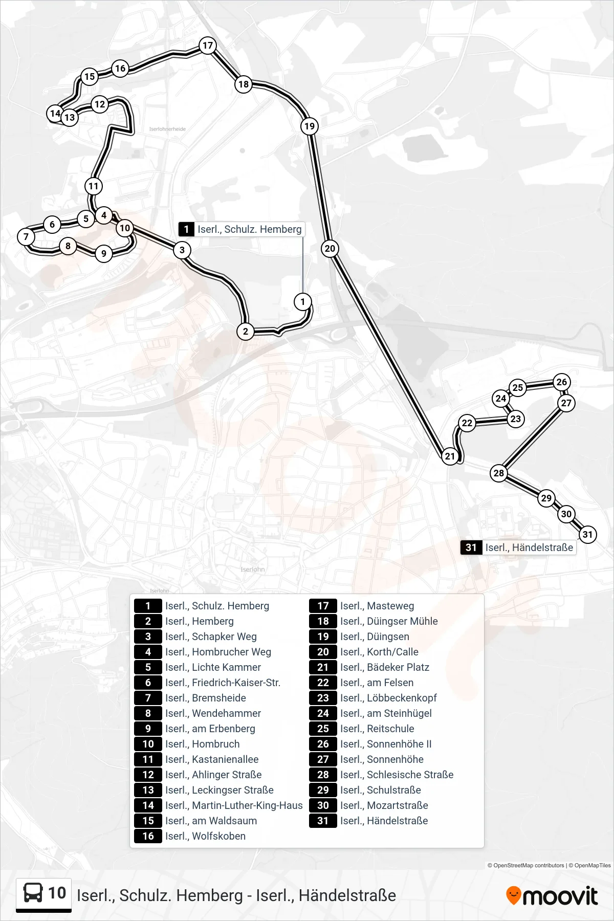 10 bus Line (Iserl., Händelstraße) route and stops on a map