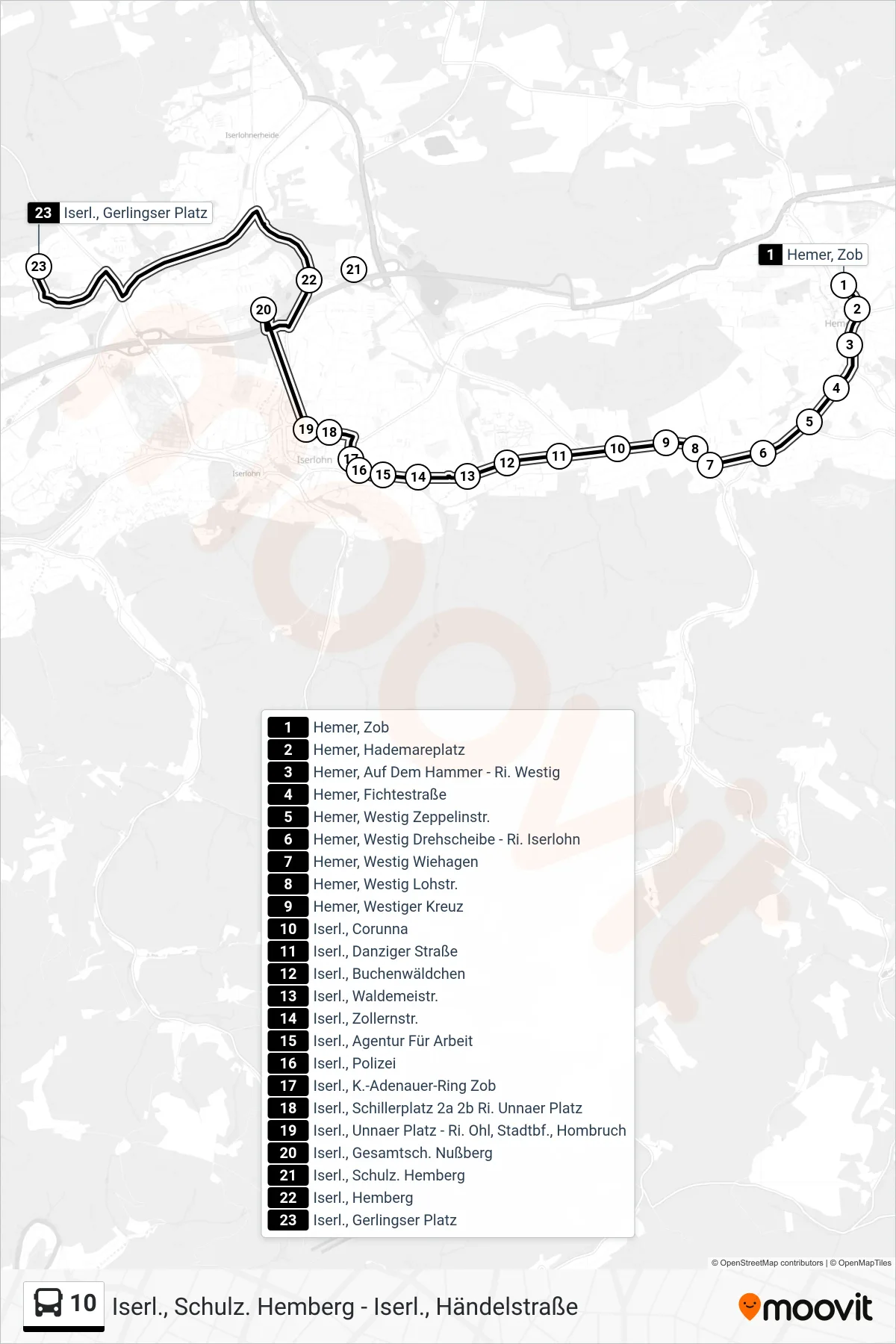 Linie 10 (Bus) Richtung Iserl., Gerlingser Platz: Route und Haltestellen auf der Karte