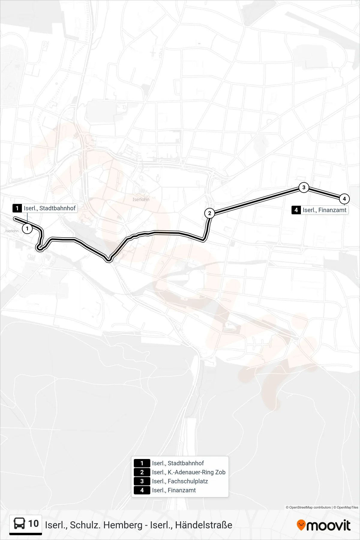 10 bus Line (Iserl., Finanzamt) route and stops on a map