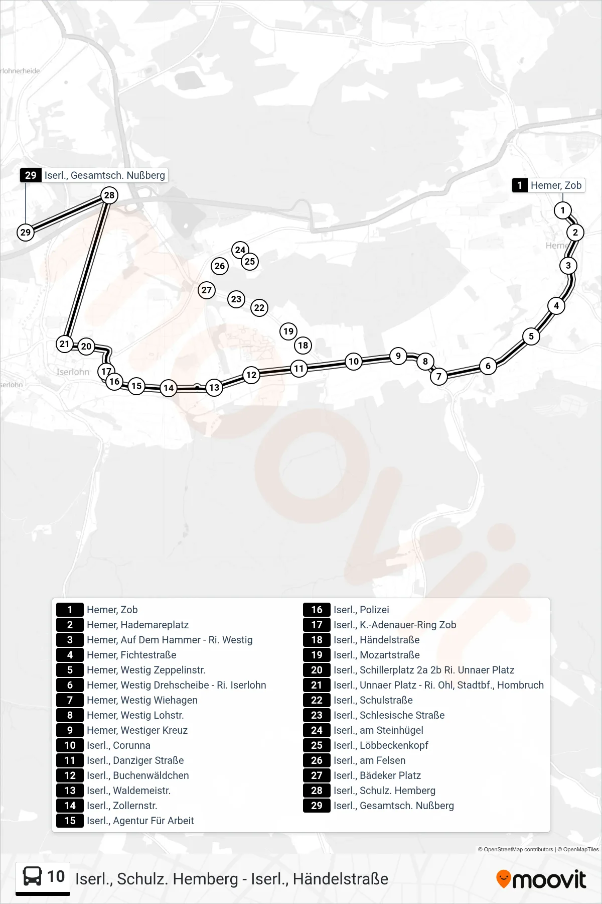 10 bus Line (Iserl., Gesamtsch. Nußberg) route and stops on a map