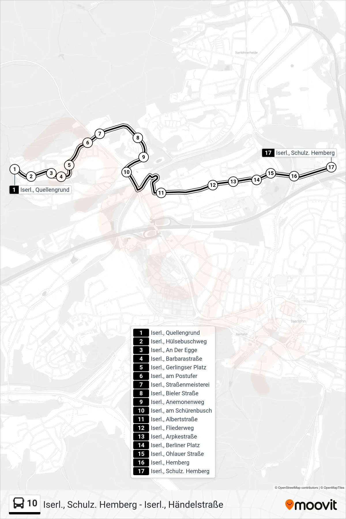 10 bus Line (Iserl., Schulz. Hemberg) route and stops on a map