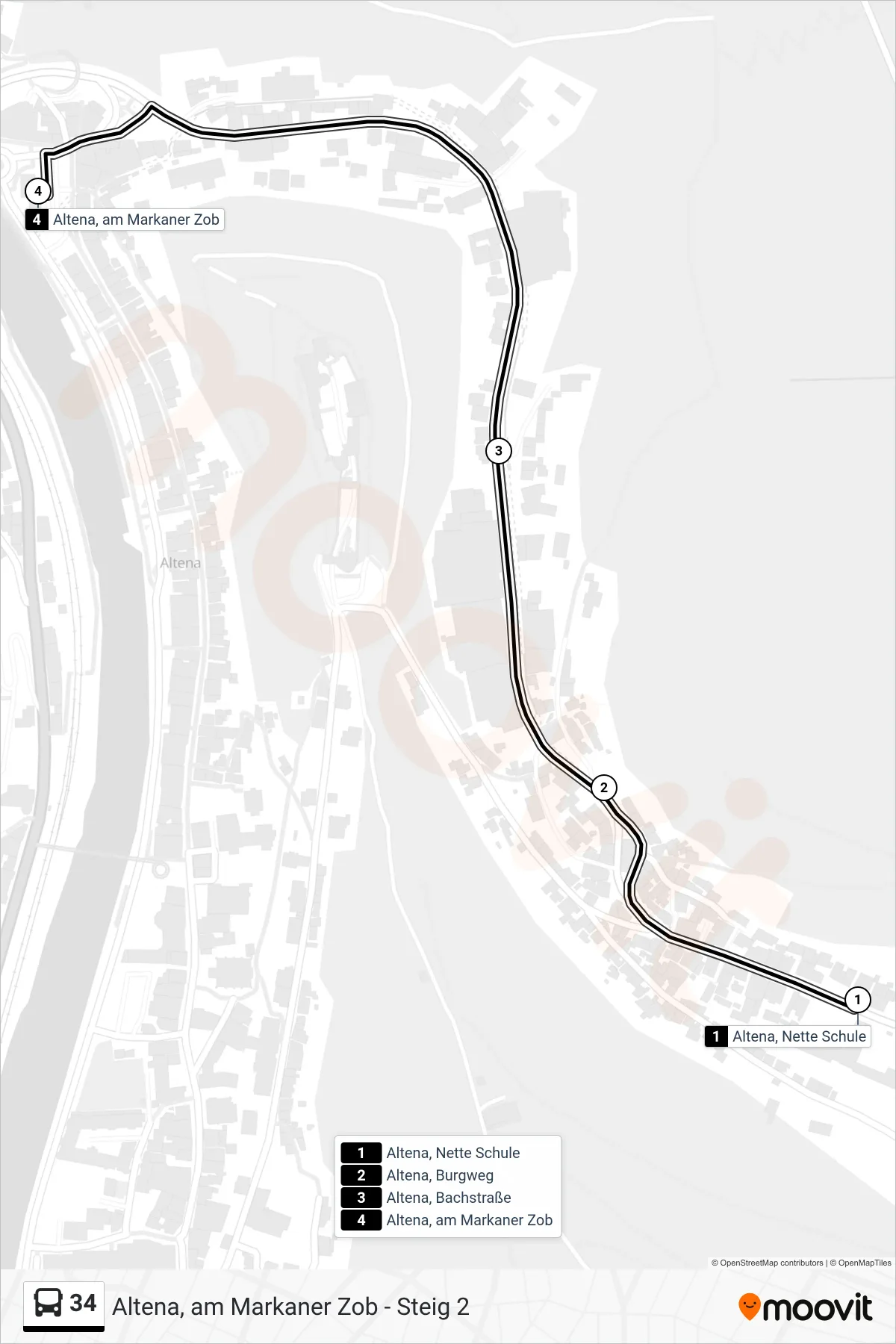 34 bus Line (Altena, am Markaner Zob - Steig 2) route and stops on a map