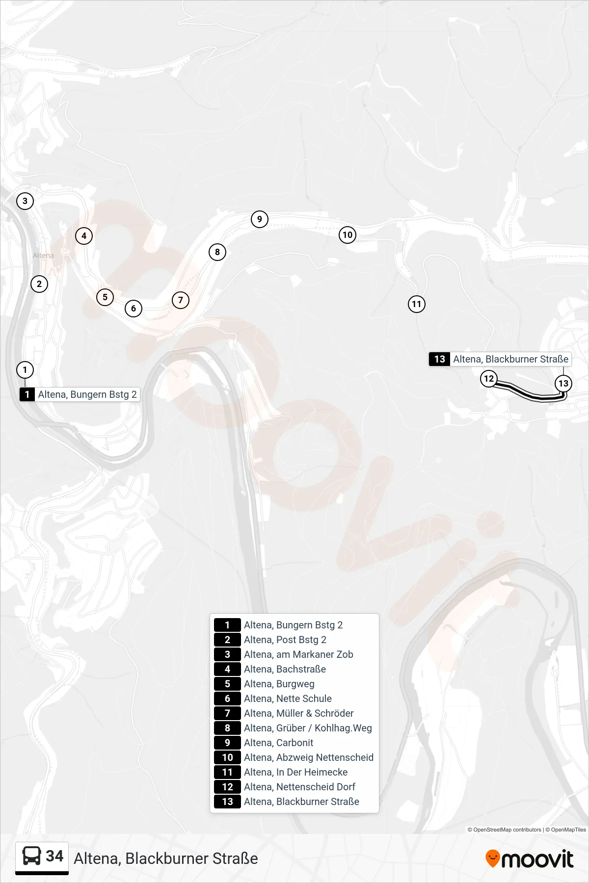 34 bus Line (Altena, Blackburner Straße) route and stops on a map