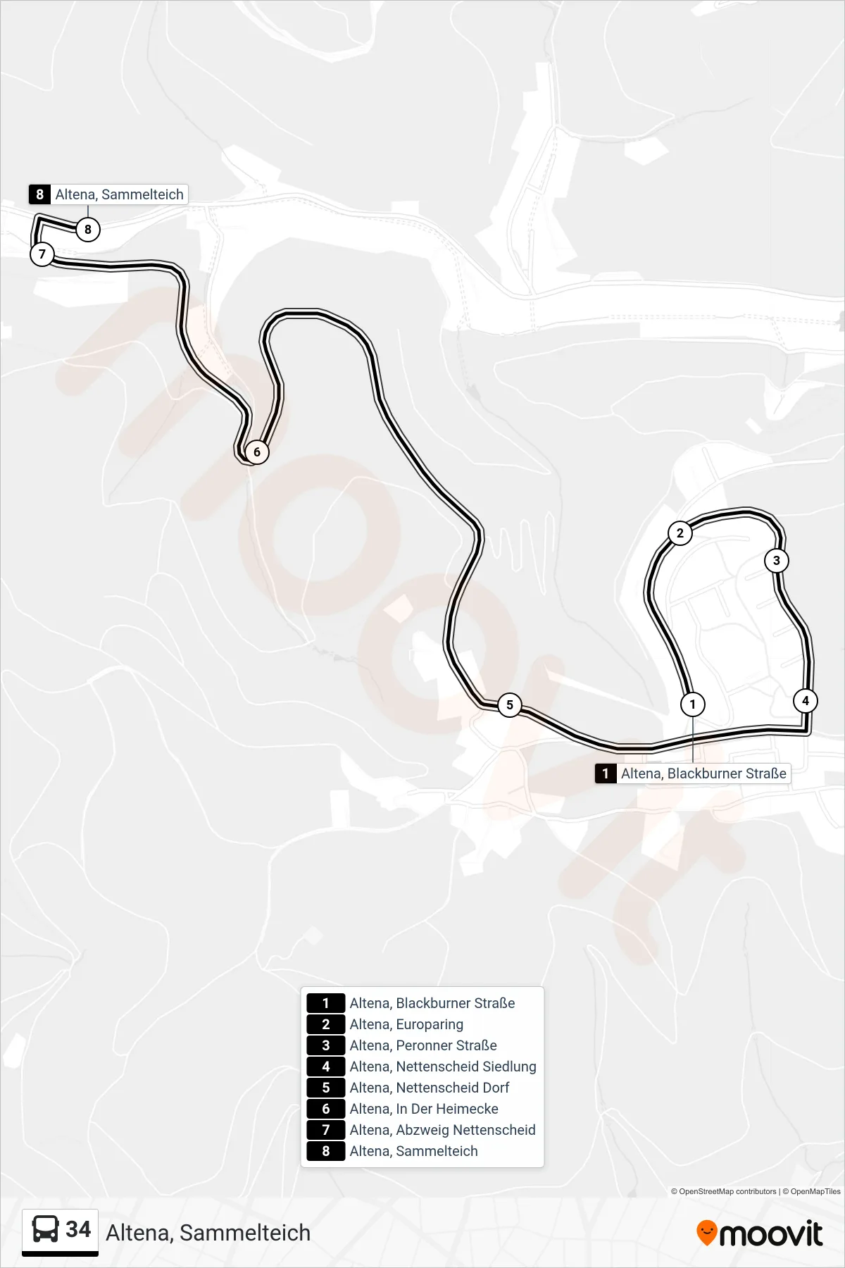 34 bus Line (Altena, Sammelteich) route and stops on a map