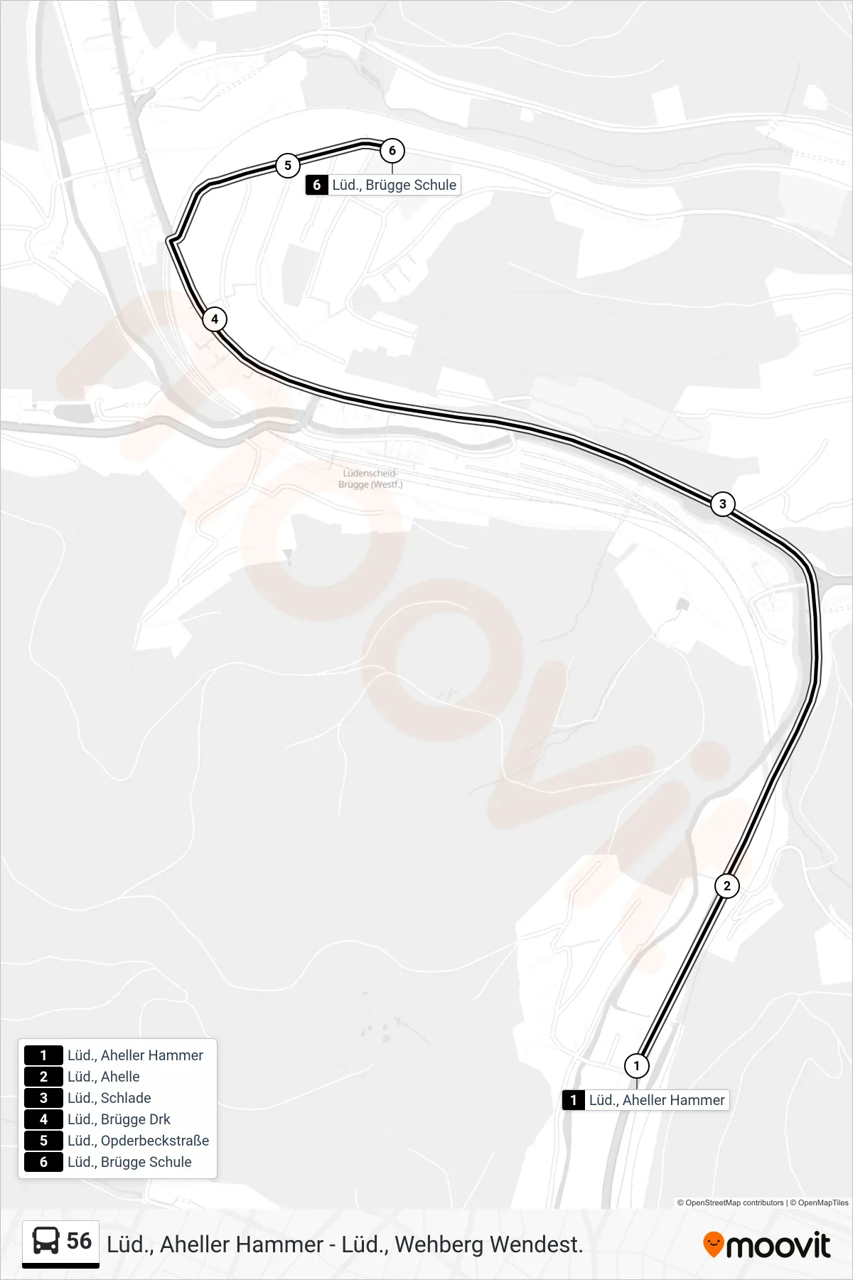 56 bus Line (Lüd., Brügge Schule) route and stops on a map