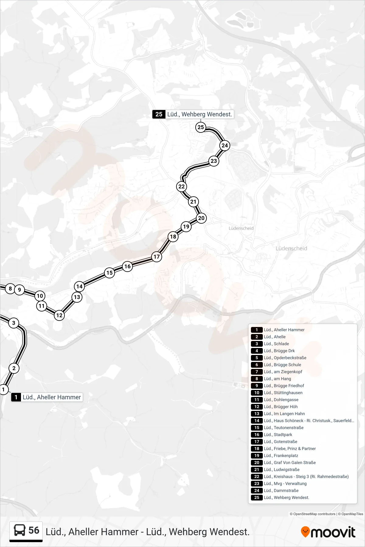 Linie 56 (Bus) Richtung Lüd., Wehberg Wendest.: Route und Haltestellen auf der Karte