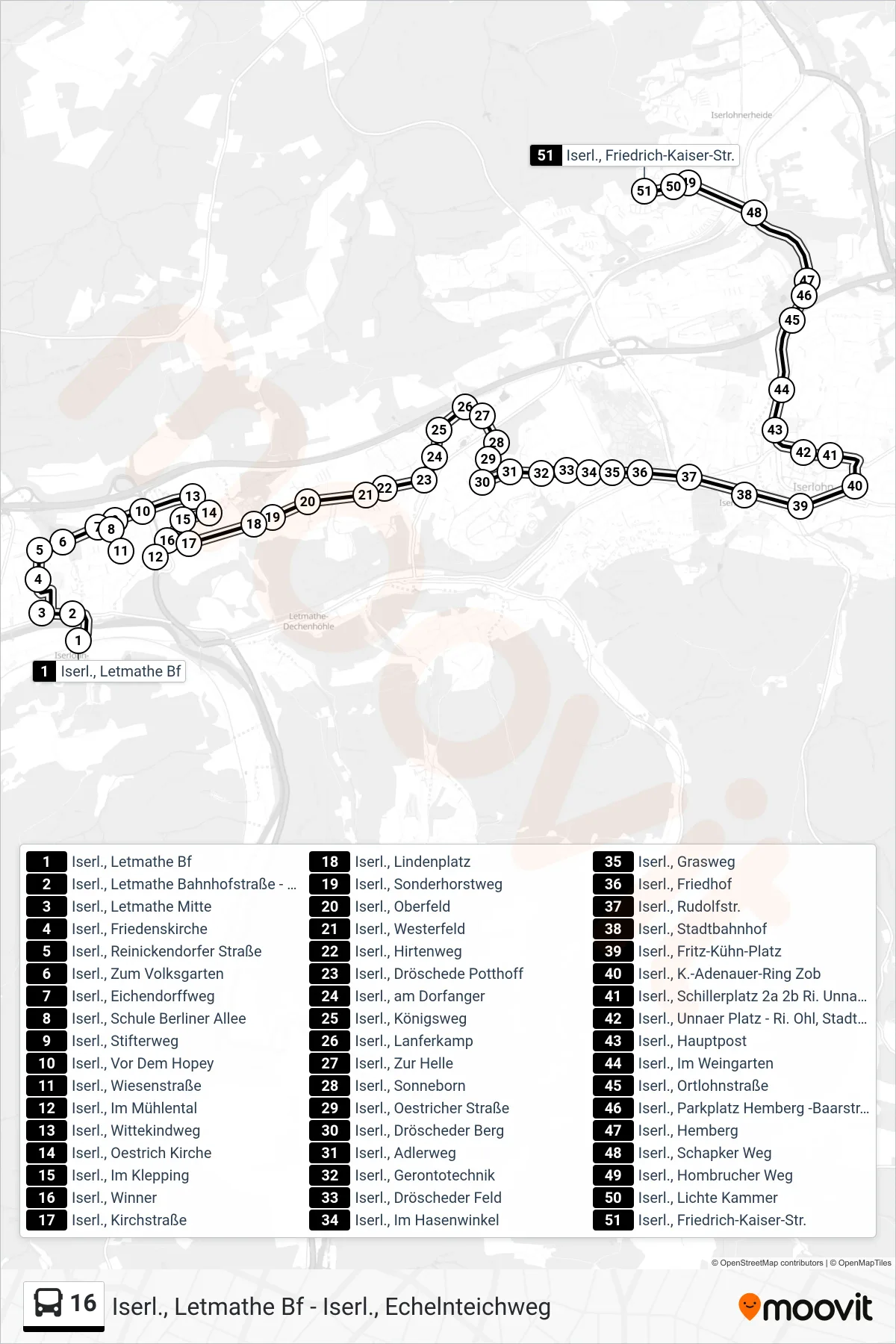 16 bus Line (Iserl., Friedrich-Kaiser-Str.) route and stops on a map