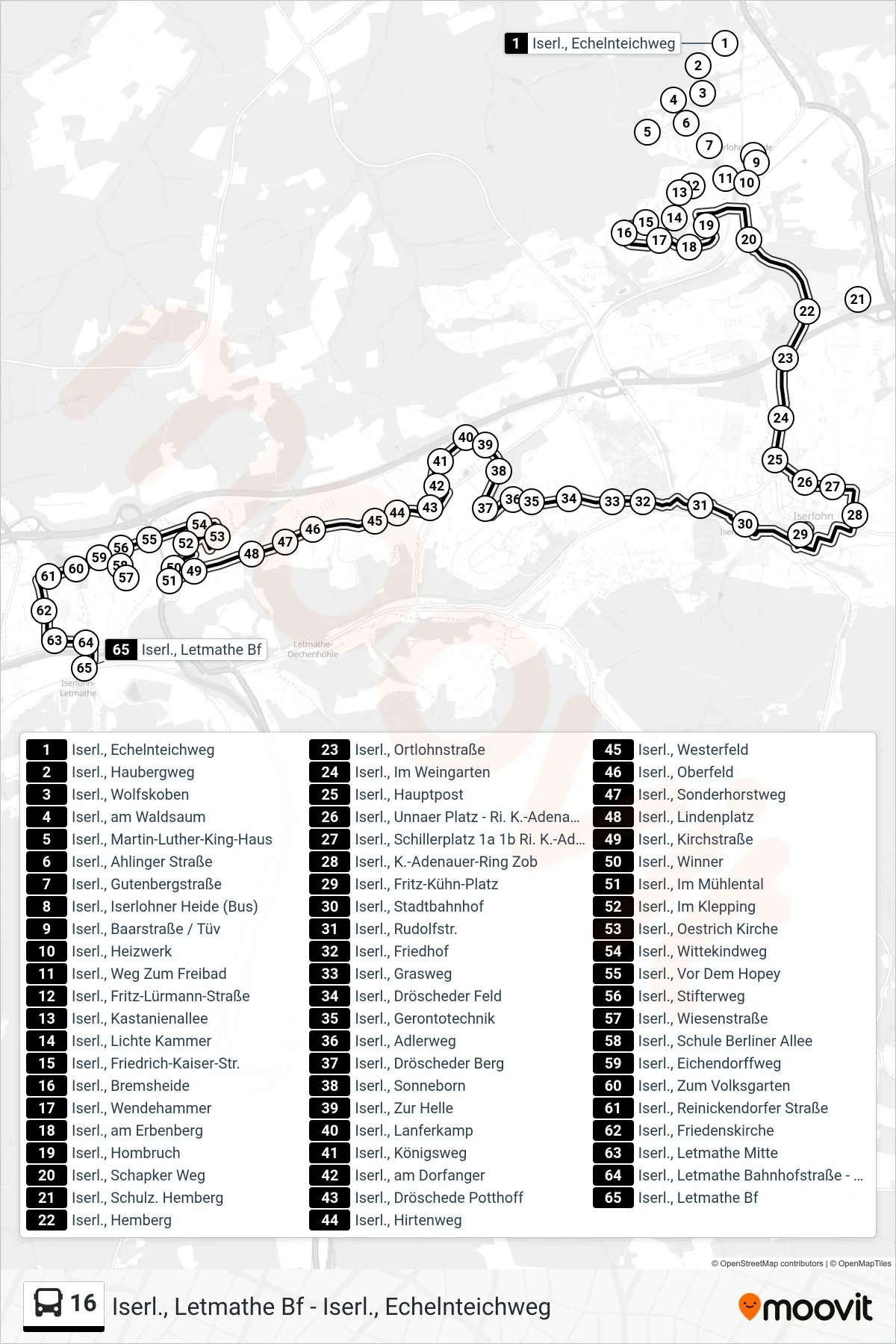 Linie 16 (Bus) Richtung Iserl., Letmathe Bf: Route und Haltestellen auf der Karte