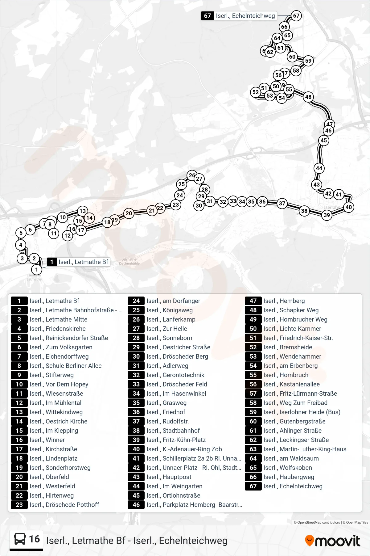 16 bus Line (Iserl., Echelnteichweg) route and stops on a map