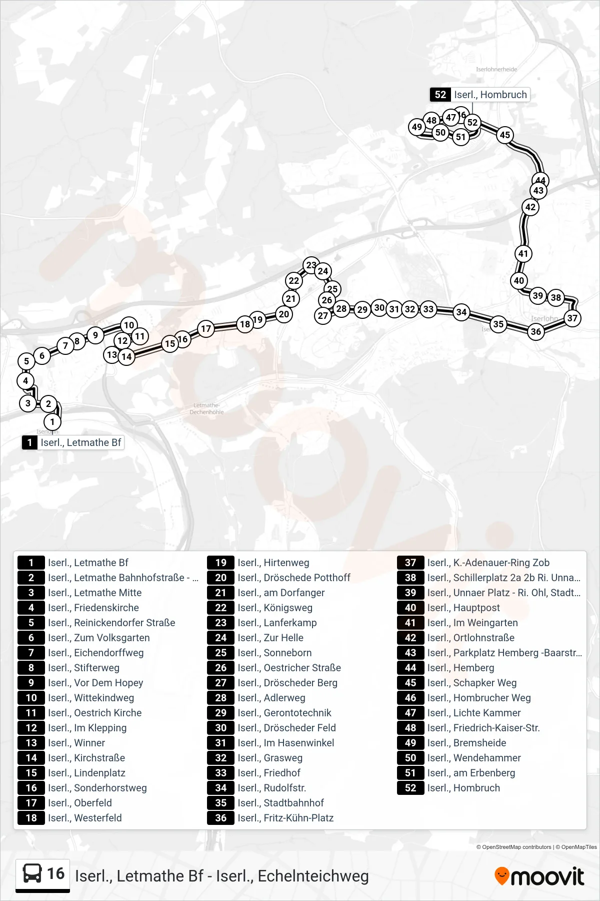 16 bus Line (Iserl., Hombruch) route and stops on a map