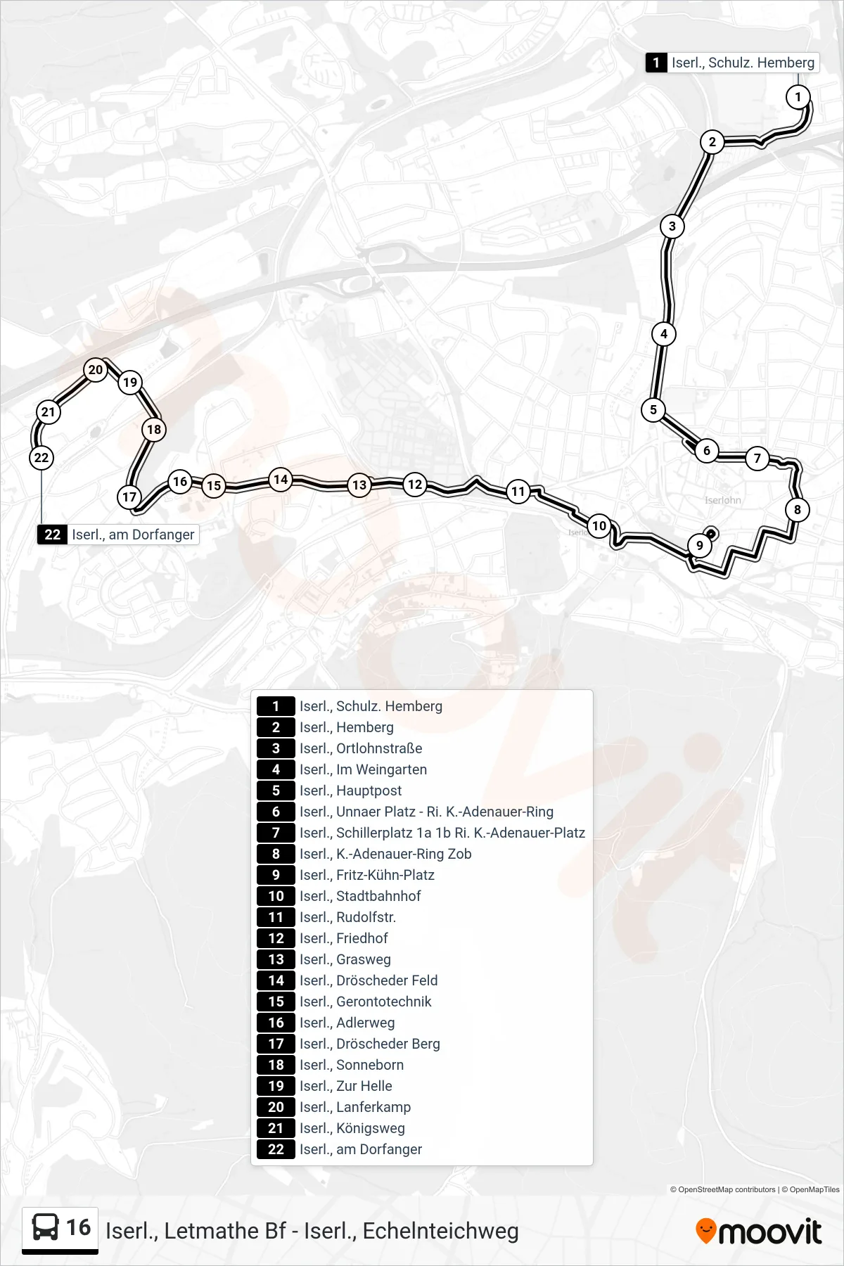 16 bus Line (Iserl., am Dorfanger) route and stops on a map