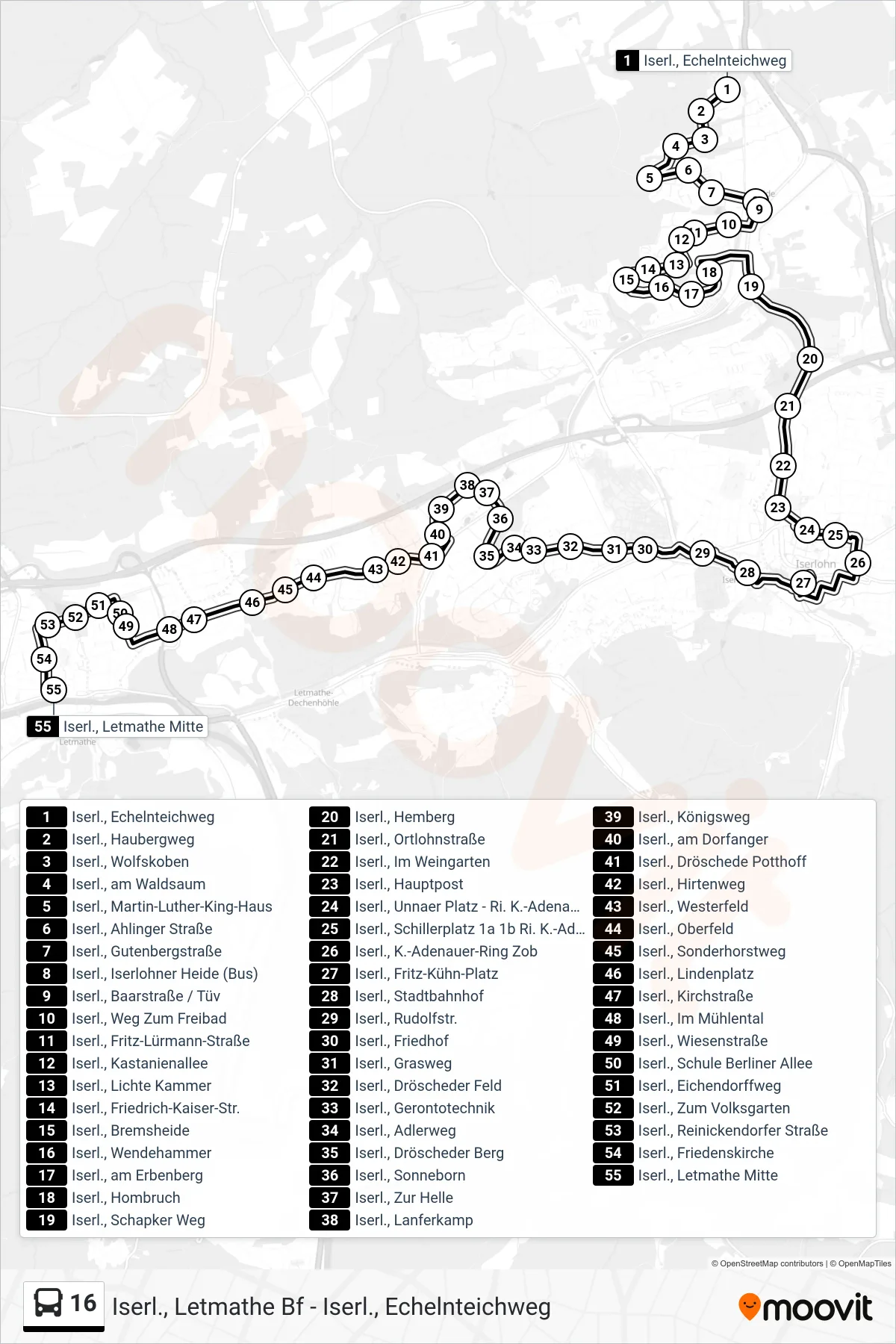 Linie 16 (Bus) Richtung Iserl., Letmathe Mitte: Route und Haltestellen auf der Karte