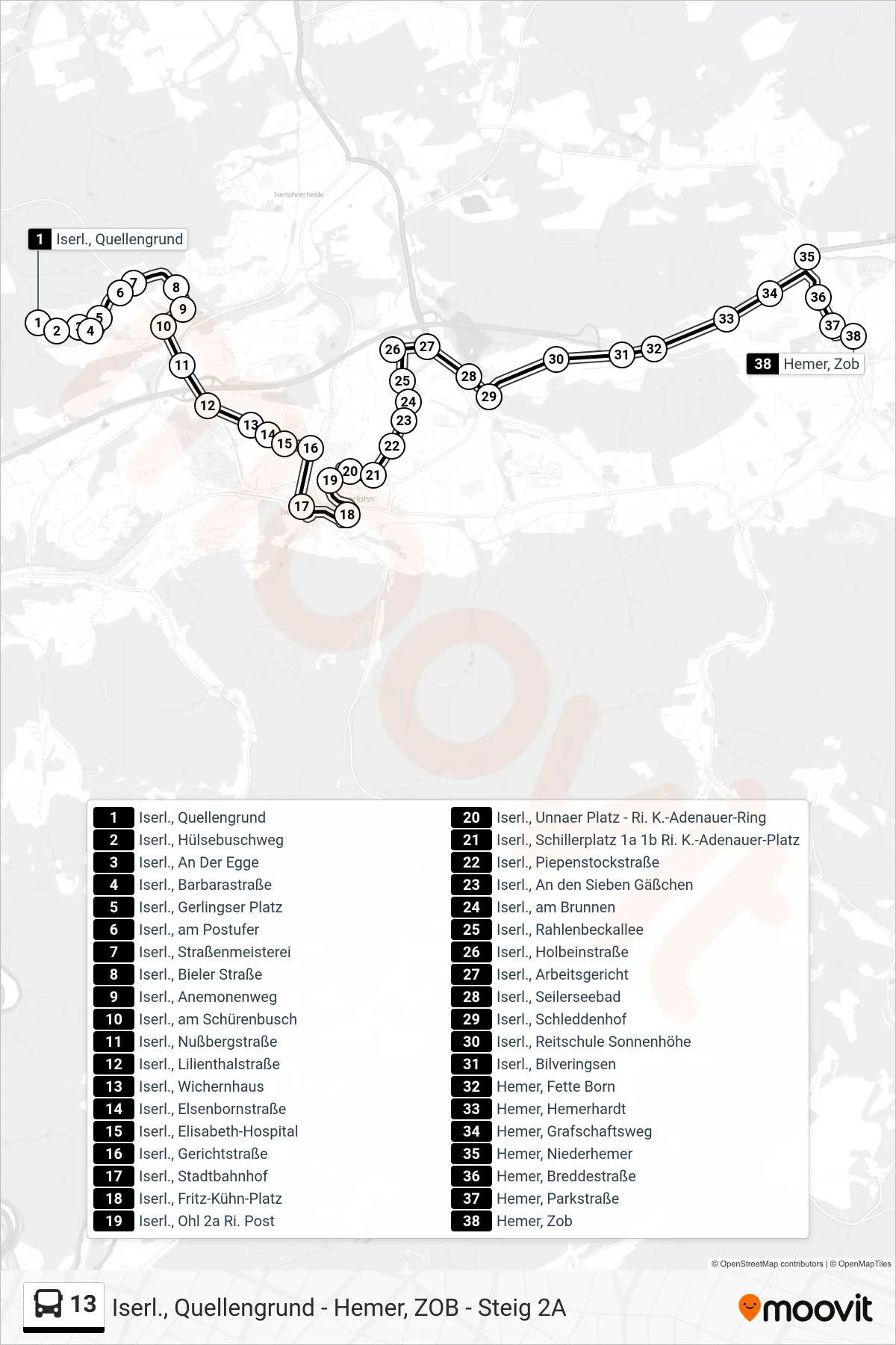 13 bus Line (Hemer, Zob - Steig 1a) route and stops on a map
