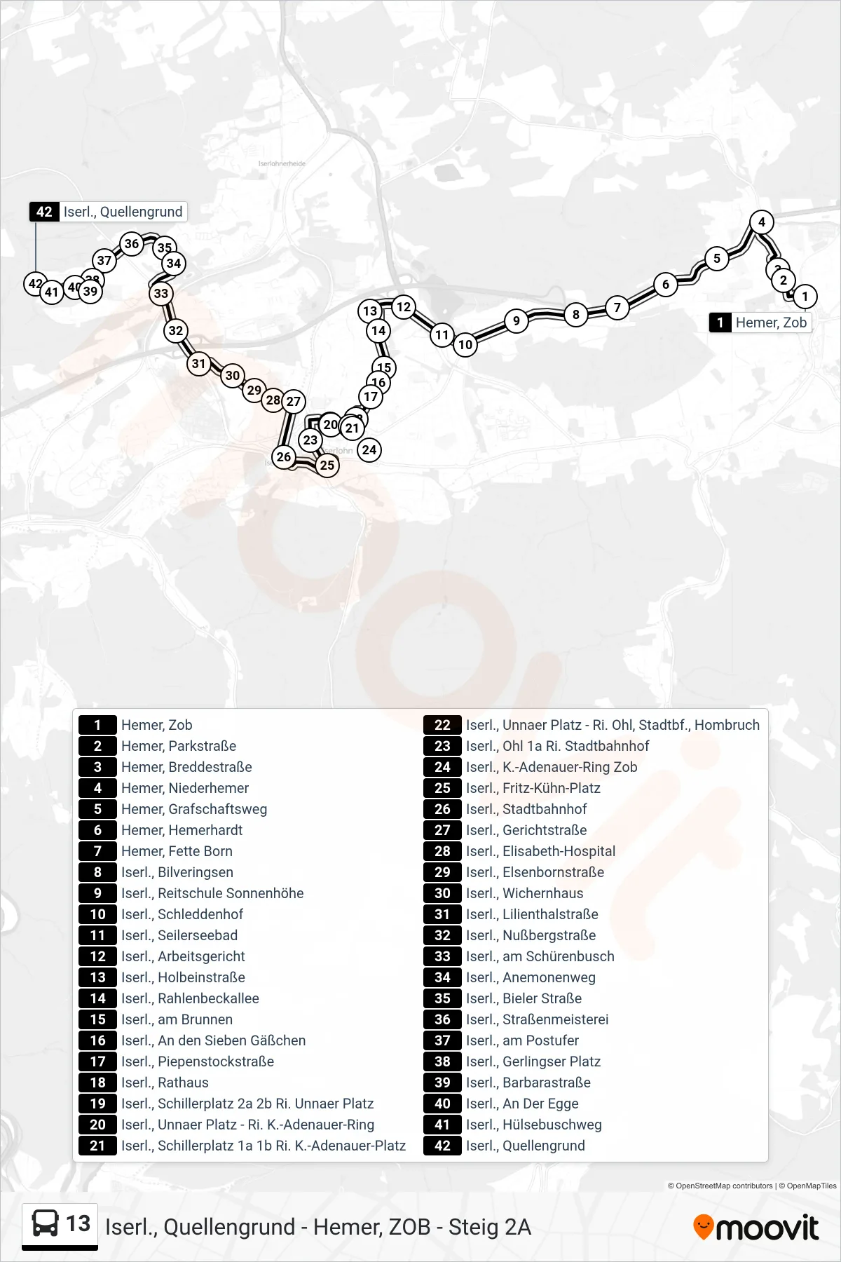 Linie 13 (Bus) Richtung Iserl., Quellengrund: Route und Haltestellen auf der Karte