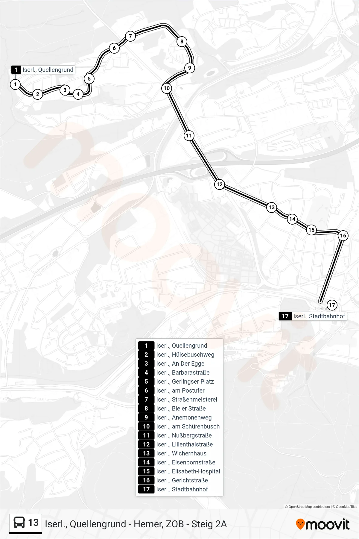 13 bus Line (Iserl., Stadtbahnhof - Steig 1d) route and stops on a map
