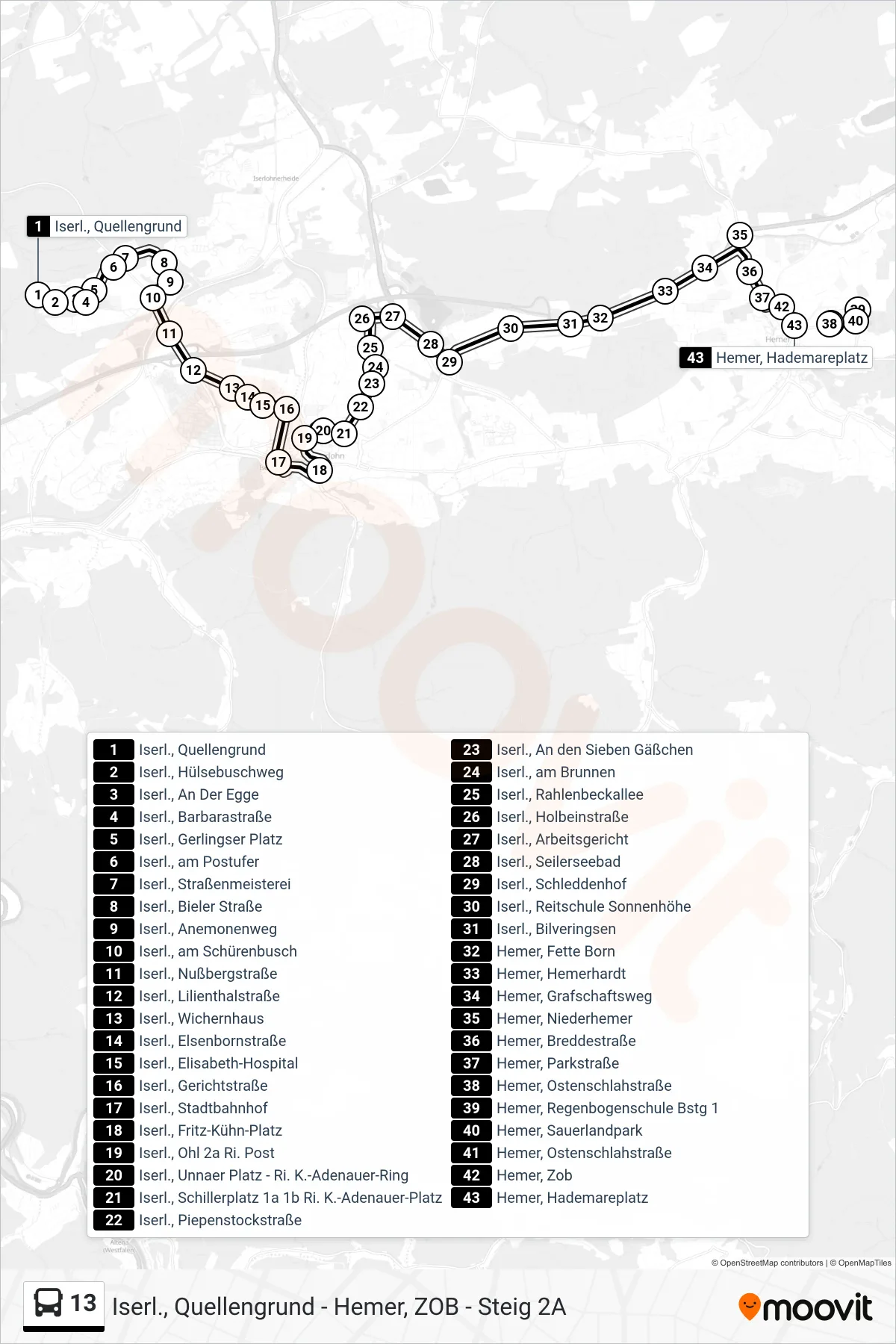 Linie 13 (Bus) Richtung Hemer, Zob - Steig 3a: Route und Haltestellen auf der Karte