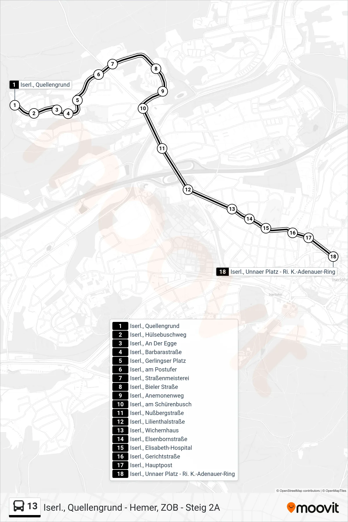 13 bus Line (Iserl., Unnaer Platz - Ri. K.-Adenauer-Ring) route and stops on a map