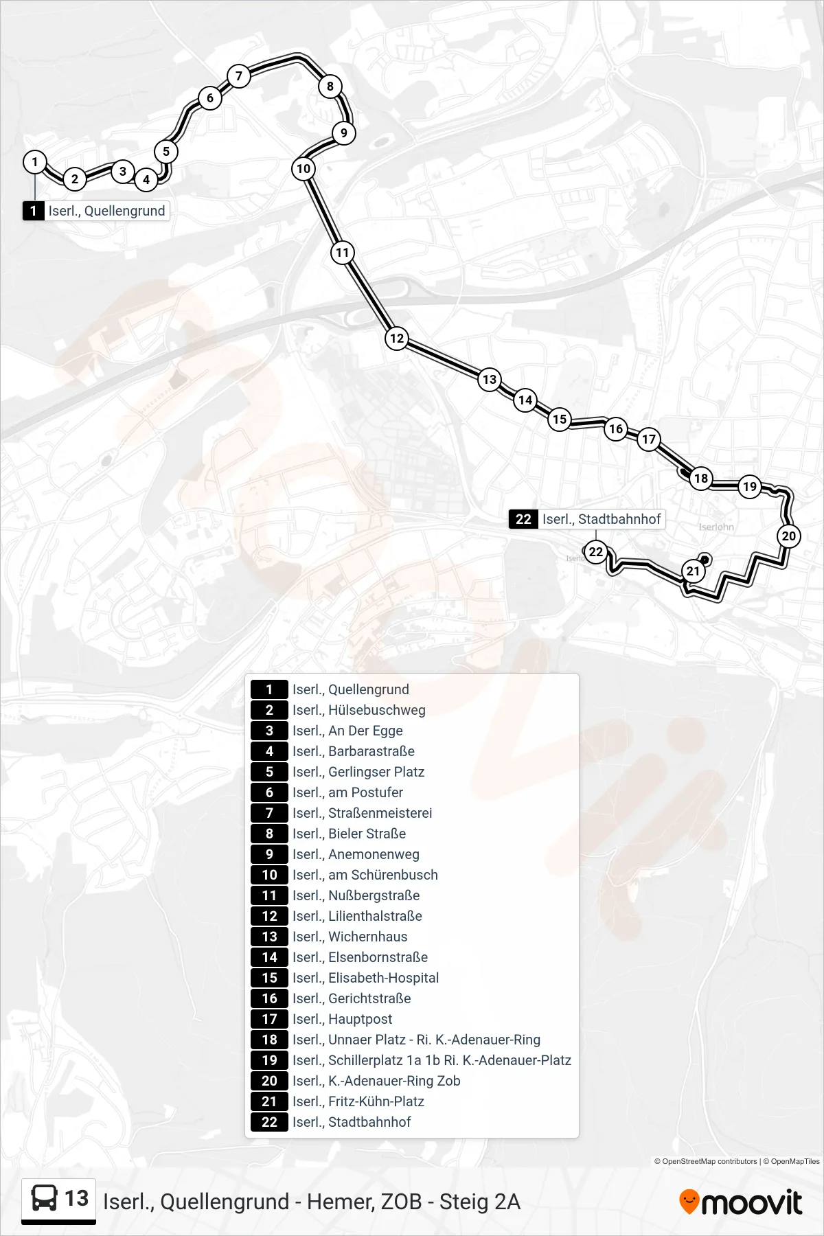 13 bus Line (Iserl., Stadtbahnhof - Steig 2a) route and stops on a map