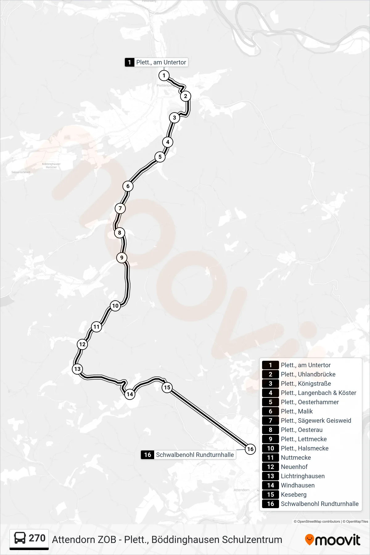 270 bus Line (Schwalbenohl Rundturnhalle) route and stops on a map