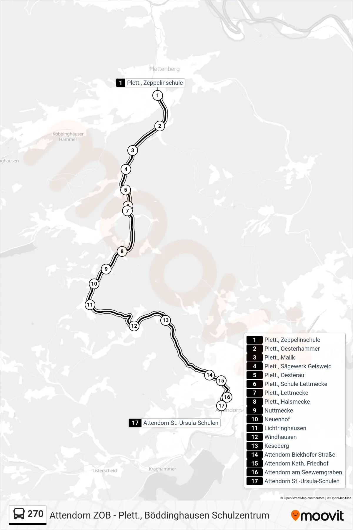 270 bus Line (Attendorn St.-Ursula-Schulen) route and stops on a map