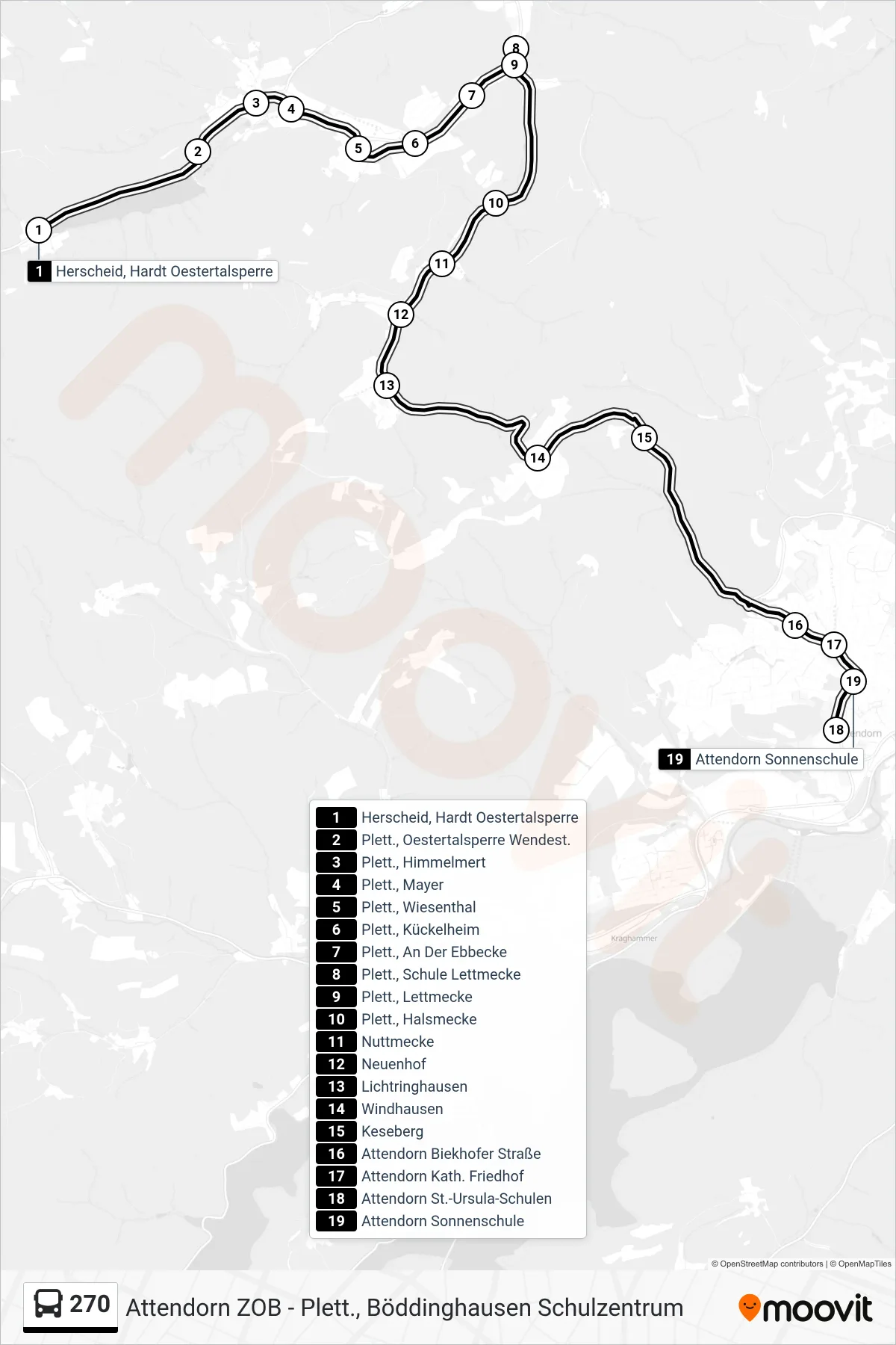 270 bus Line (Attendorn Sonnenschule) route and stops on a map