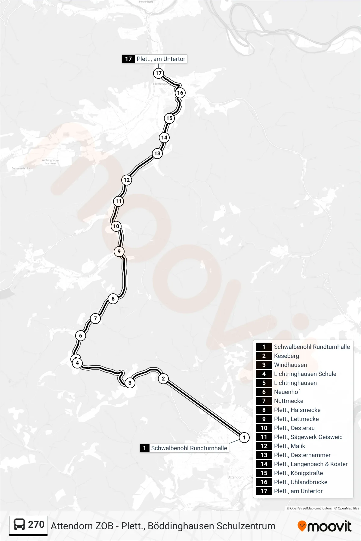 270 bus Line (Plett., am Untertor) route and stops on a map