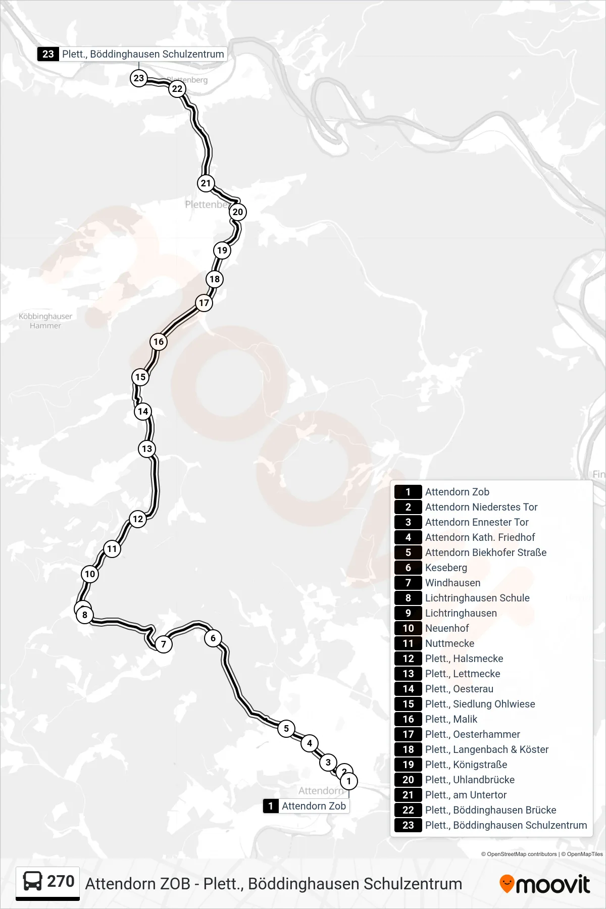 270 bus Line (Plett., Böddinghausen Schulzentrum) route and stops on a map