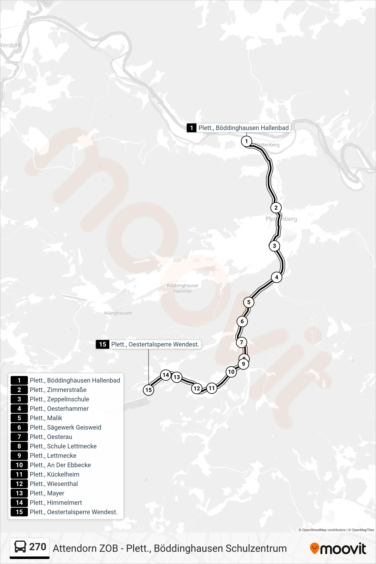 270 bus Line (Plett., Oestertalsperre Wendest.) route and stops on a map