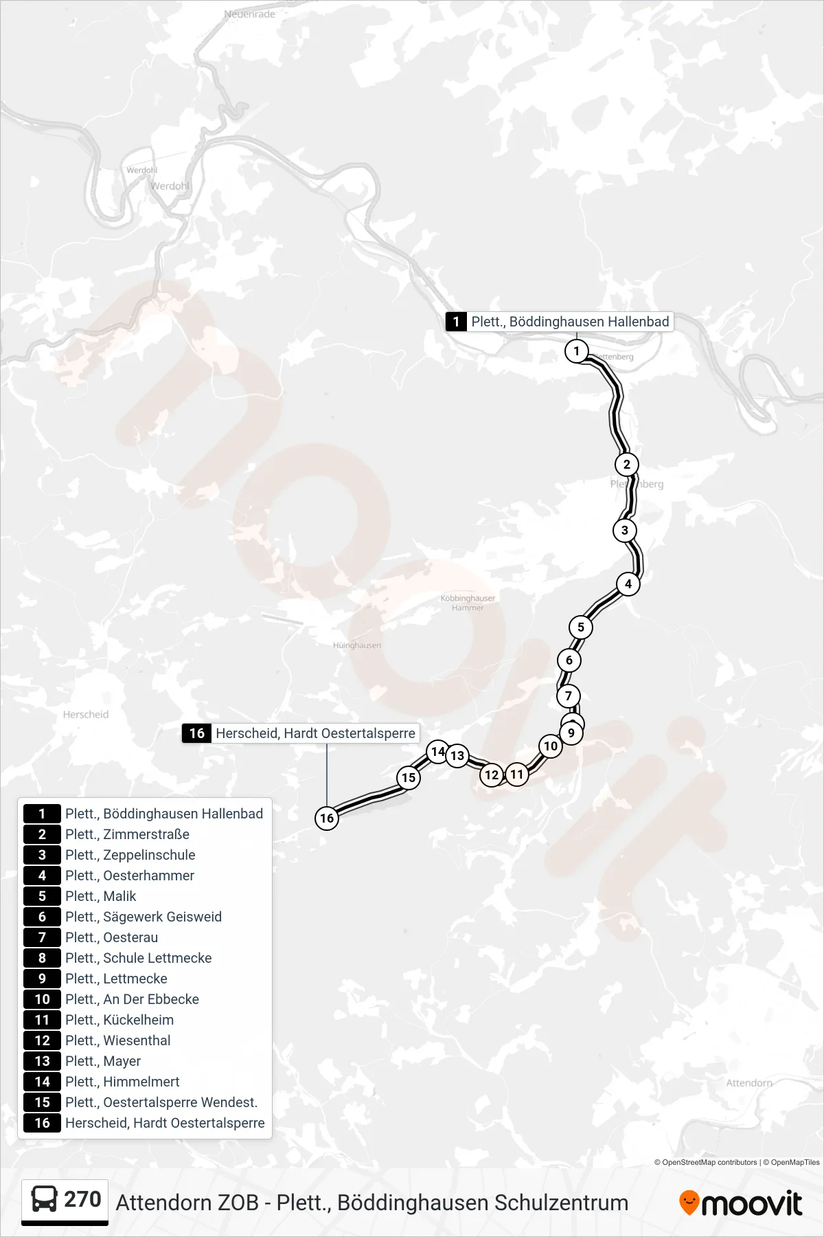 270 bus Line (Herscheid, Hardt Oestertalsperre) route and stops on a map