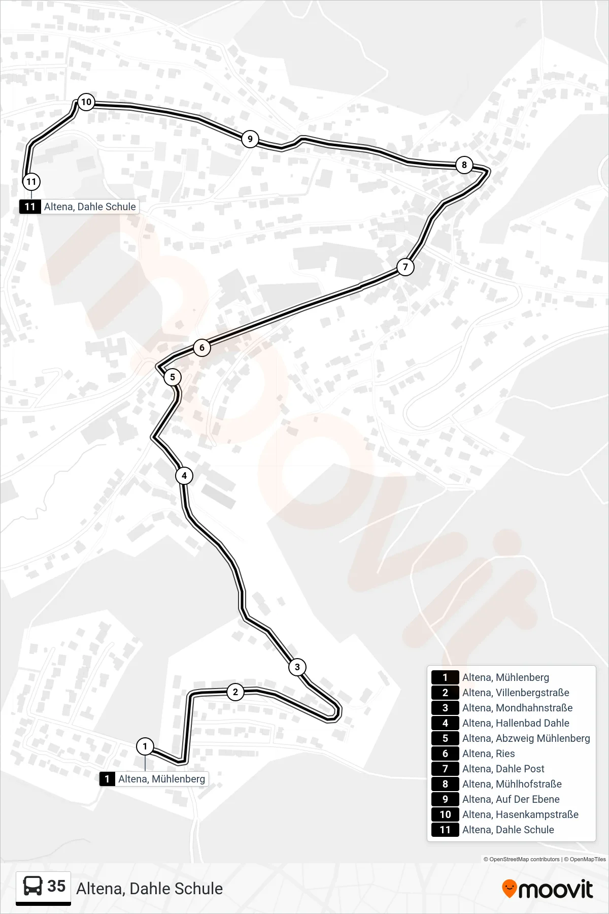 35 bus Line (Altena, Dahle Schule) route and stops on a map